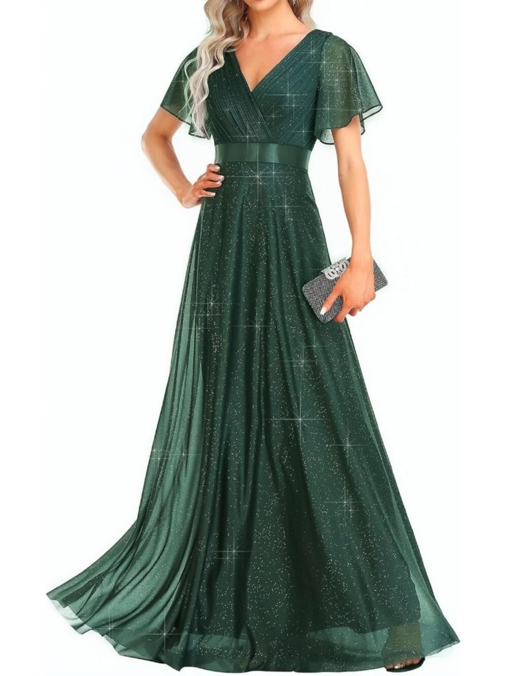 Ever-Pretty Dark Green Glitter V Neck Formal Evening Gown Size 18
